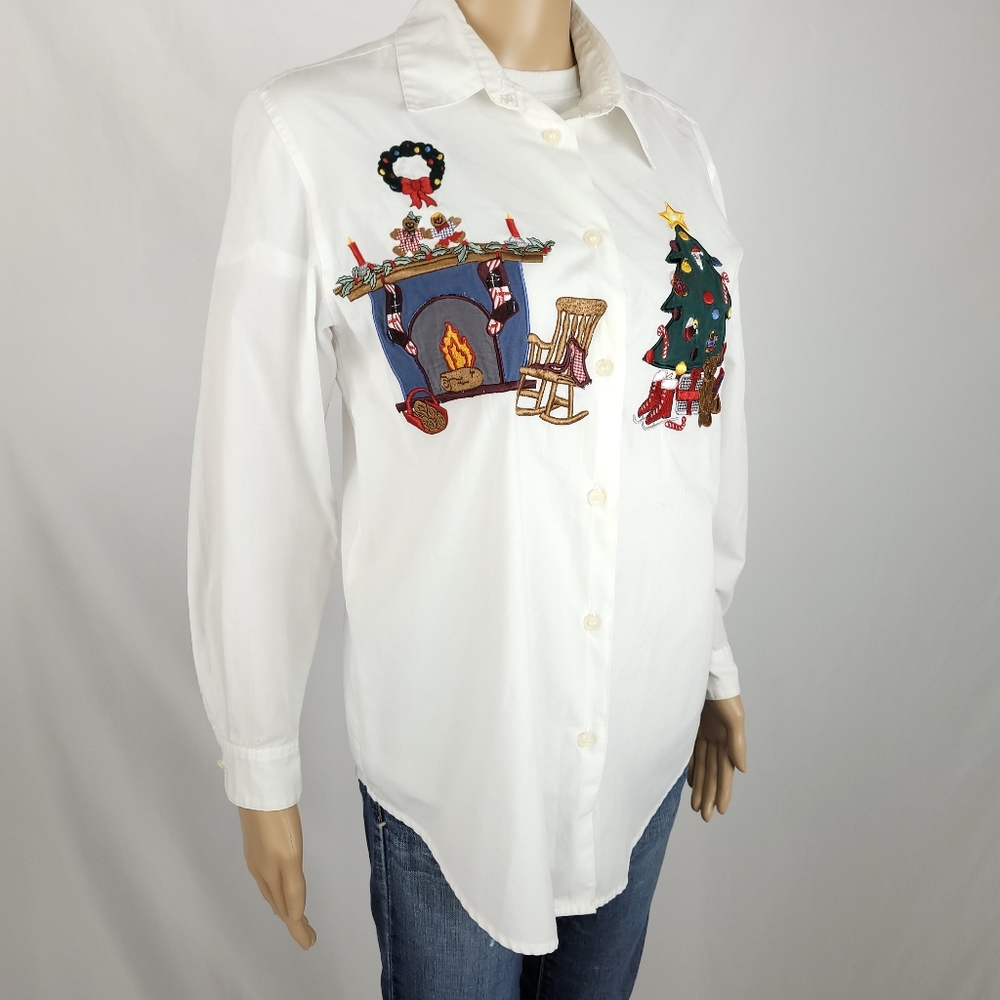 Rare Vintage KAREN SCOTT 1980s Whimsical Christmas Button Up Top. Size PM.